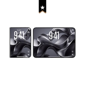 May include: Two foldable smartphones shown side-by-side, one in a closed vertical orientation and one in an open horizontal orientation. Both screens display a black and white abstract wave wallpaper, the time 9:41, and the date Tuesday, Jan 9.