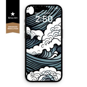 Puede incluir: Un teléfono inteligente que muestra un fondo de pantalla digital con un gráfico estilizado de olas oceánicas en tonos azul oscuro, azul claro y blanco. La pantalla muestra la hora 2:50, la fecha Wed 7 e información meteorológica de 10 km/h W.