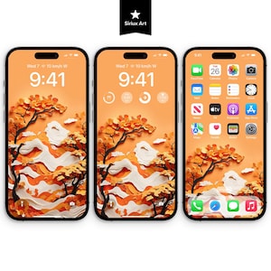 Sfondo autunnale arancione per cellulare, sfondo autunnale mandarino su carta, grazioso albero orientale ritagliato su carta, estetica meravigliosa