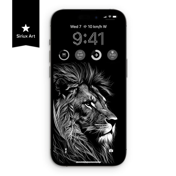 Lion Line Art Mono Deep Etch iPhone 4K Wallpaper, Black & White Wild Big Cat Background, Dark Mode Full Screen Wildlife Lion Predator Animal