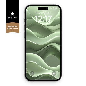 May include: A smartphone displaying a green abstract wave pattern. The screen shows the time as 12:17 on Friday 19th September. The phone has a black frame and a black top bar. The text "Siriux Art" and "Enhanced Resolution" are on a black and gold banner.