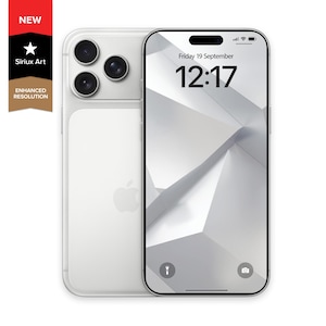 May include: A white smartphone with a triple-lens camera system and a screen displaying the time and date. The phone has a silver frame and a white back with the Apple logo. A banner on the left reads "NEW" and "Enhanced Resolution".