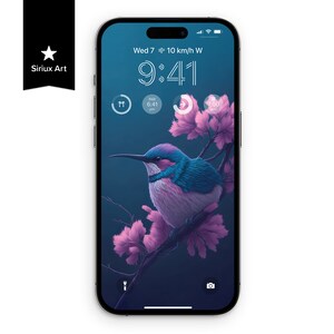 Sfondo per iPhone con fiori rosa di uccelli, sfondo con illustrazione floreale di colibrì in fiore, arte per telefono con uccellini soffici e graziosi, colori estetici calmi