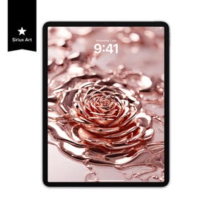 Può includere: Un tablet digitale che mostra una rosa fatta di oro liquido su uno sfondo bianco. L'ora visualizzata sullo schermo è 9:41.