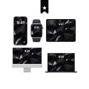 Peut inclure: Une collection d'appareils électroniques comprenant un smartphone, une montre connectée, une tablette, un ordinateur de bureau et un ordinateur portable, affichant tous un fond d'écran géométrique abstrait noir et blanc avec l'heure 9:41.