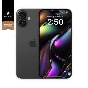 May include: A black smartphone with a dark abstract background on the screen. The time is 2:50 and the date is Wed 7. The phone has a black metal frame and a dual camera system on the back.