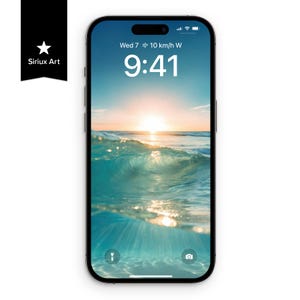 May include: A smartphone displays a vibrant ocean scene with a setting sun. The screen shows the time as 9:41, with the date and weather details. The phone has a black border and a sleek design. The upper left corner shows the text "Siriux Art".