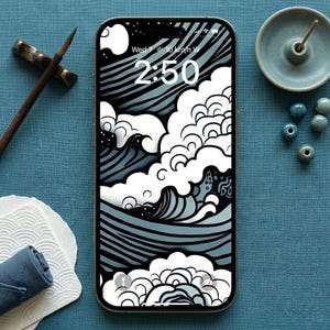 May include: A smartphone displays a black and white wave pattern wallpaper with the time 2:50. The phone is on a blue surface with a brush, incense holder, and beads.