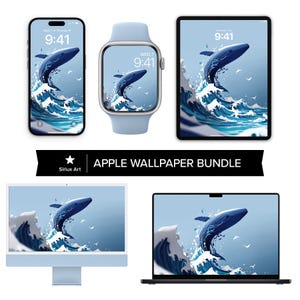 Peut inclure: Un lot de papiers peints numériques pour appareils Apple mettant en scène une baleine bleue jaillissant des vagues de l'océan. Le papier peint est disponible pour iPhone, Apple Watch, iPad et Macbook.