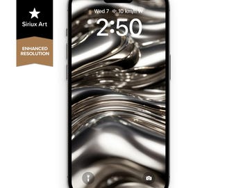 May include: A smartphone with a black frame displaying a digital lock screen. The wallpaper features a fluid, metallic, liquid-like abstract pattern in shades of silver, gray, and black. The screen shows the time 2:50, date, and weather icons.