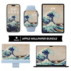 La grande onda di Kanagawa Wallpaper Apple Bundle Set, Hokusai Ukiyo-E Art Japan Landscape Background, iPhone Apple Watch iPad MacBook iMac