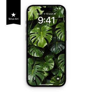 May include: A smartphone displays a vibrant green monstera leaf wallpaper. The time is 9:41, with the day and weather details visible at the top. A black banner with the text "Sirius Art" and a star logo is on the left.