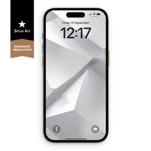May include: A smartphone with a black frame displaying a lock screen with the time 12:17 and the date Friday 19 September. The screen background features a white and light gray geometric abstract pattern with sharp angles and soft shadows.