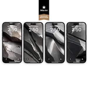 May include: Four smartphones displayed side-by-side, each featuring a unique black and white abstract rock formation wallpaper. The screens show the time 2:50, the date Wed 7, and weather information. The devices have black frames and rounded corners.