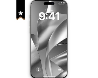 May include: A smartphone with a silver frame and a black screen displaying the time 9:41, a date, and a grayscale abstract wallpaper featuring flowing, curved shapes. A black vertical banner with a white star icon is positioned to the left.