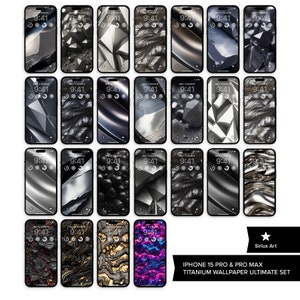 May include: A collection of iPhone 15 Pro and Pro Max phones displaying various titanium wallpaper designs. The wallpapers feature abstract patterns in shades of gray, black, and metallic tones. The text "IPHONE 15 PRO & PRO MAX TITANIUM WALLPAPER ULTIMATE SET" is visible.