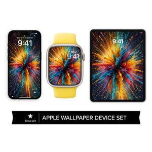 May include: An Apple iPhone, Apple Watch, and iPad display a vibrant, colorful wallpaper with a burst design. The Apple Watch has a yellow band. The time is 9:41 on each device. The text "APPLE WALLPAPER DEVICE SET" is below the devices.
