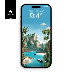 May include: A smartphone displays a tropical beach scene with palm trees, turquoise water, and mountains. The time is 9:41 AM, and the date is Wednesday. The phone has a black frame and a camera on the back. The text "Siriux Art" is on a black banner.