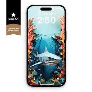 Sfondo per telefono con squalo in carta da parati, sfondo con animali marini in carta da parati ritagliata, arte estetica sottomarina, schermata di blocco origami con squalo nautico dell'oceano