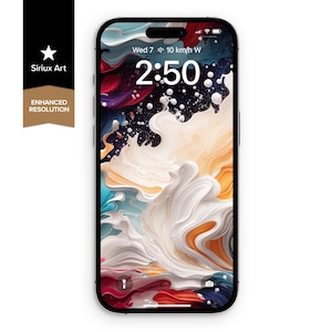 Sfondo per telefono con schizzi di vernice astratta colorata / Texture di colore 3D vernice / Sfondo con vortice astratto con flusso di vernice dinamica multicolore