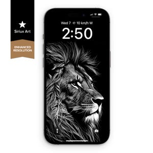 Sfondo per telefono con leone, disegno a tratteggio, monocromatico e inciso / Sfondo di un grande felino selvatico in bianco e nero / Modalità scura a schermo intero con fauna selvatica / Animale predatore selvatico