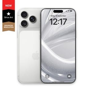 May include: A white smartphone with three rear cameras and a screen displaying a white and grey abstract design. The screen shows the date and time: Friday 19 September, 12:17. A red, black, and gold tag reads "NEW", "Sirius Art", and "ENHANCED RESOLUTION".