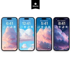 Pode incluir: Quatro smartphones exibindo papéis de parede com tema de nuvens com horários variados. Os papéis de parede apresentam nuvens rosa, brancas e azuis contra um céu azul, que evoluem para uma cena noturna mais escura e estrelada. O texto "Siriux Art" está no canto superior direito.