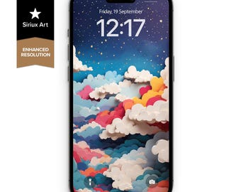 Fondo de pantalla para teléfono con nubes de colores: Cielo nocturno con arte de papel (descarga digital)