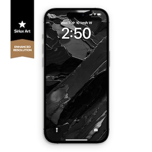 May include: A smartphone with a black frame displaying a lock screen featuring a dark, abstract, layered stone-like wallpaper. The screen shows the time 2:50, the date Wed 7, and weather conditions of 10 km/h W, along with flashlight and camera icons.