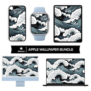 Set di sfondi Ocean Wave Splash Apple Bundle, motivo artistico giapponese a schermo intero con onde marine, estetica, iPhone Apple Watch iPad iMac MacBook