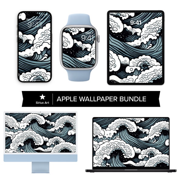 Ocean Wave Splash Wallpaper Apple Bundle Set, Full Screen Japanese Art Pattern Sea Waves Aesthetic, iPhone Apple Watch iPad iMac MacBook