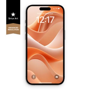 Può includere: Uno smartphone nero mostra uno sfondo astratto color pesca, con l'ora 12:17 e la data venerdì 19 settembre. Il telefono ha una cornice nera e un notch in alto. Il testo "Siriux Art" e "Enhanced Resolution" è su uno striscione nero e oro.