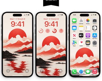 May include: Three smartphones displaying a red sun over mountains and water, with a minimalist aesthetic. The screens show the time as 9:41 and the text "Siriux Art". The phone on the right shows app icons.