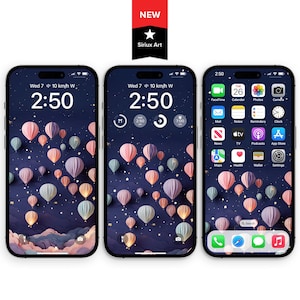 Hot Air Balloon Night Phone Wallpaper | Papercraft Sky iPhone Background | Paper Cutout Dreamy Starry Midnight Cloud Color Twinkle Star Art