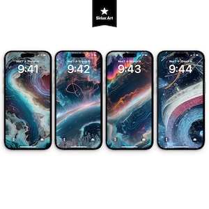 May include: Four smartphones displaying abstract digital art wallpapers. Each screen shows a different design with swirling colors of blue, teal, purple, and orange. The time is displayed on each screen, ranging from 9:41 to 9:44. The top right corner shows the text "Sirius Art".