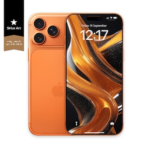 May include: Orange smartphone with three rear cameras and a black screen displaying the time and date. The phone has a sleek design with a metallic finish. The Apple logo is visible on the back. The image includes the text "Sirius Art".