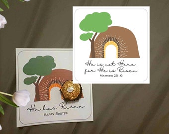 Etiqueta imprimible "Él ha resucitado", etiqueta de regalo con versículo bíblico, tumba vacía, etiquetas religiosas de Pascua, etiqueta "Jesús vive", Día de la Resurrección, detalle de Pascua para niños