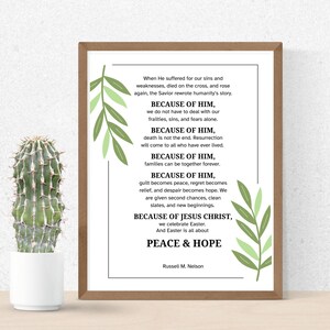 Puede incluir: Una cita imprimible sobre la paz y la esperanza, con un dise&ntilde;o de rama de hojas verdes. La cita dice "Debido a &Eacute;l, celebramos la Pascua. Y la Pascua es todo sobre la paz y la esperanza." - Russell M. Nelson