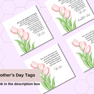 Puede incluir: Cuatro etiquetas cuadradas para regalos del D&iacute;a de la Madre con ilustraciones de acuarela de tulipes rosas y tallos verdes. El texto en las etiquetas dice: "Somos todas madres en Israel. Y nuestro llamado es amar y ayudar a guiar a la generaci&oacute;n en ascenso a trav&eacute;s de las peligrosas calles de la mortalidad. Pocas de nosotras alcanzaremos nuestro potencial sin la crianza tanto de la madre que nos dio a luz como de las madres que nos acompa&ntilde;an.  "  Las etiquetas son perfectas para agregar un toque personal a los regalos del D&iacute;a de la Madre.