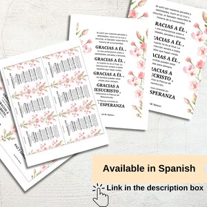 Puede incluir: Cartas imprimibles con flores rosas y el texto "Gracias a El, Gracias a Jesucristo, Paz y Esperanza" en espa&ntilde;ol. Las cartas est&aacute;n disponibles en espa&ntilde;ol.