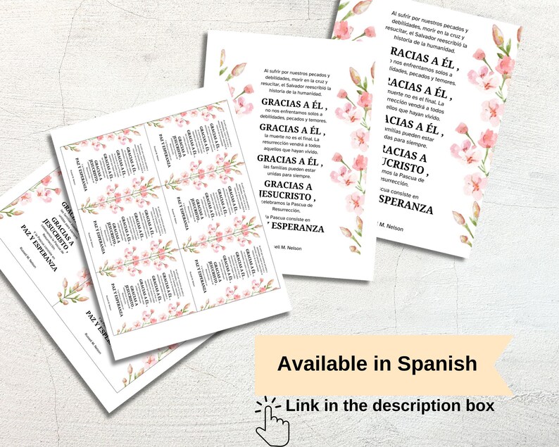 Puede incluir: Cartas imprimibles con flores rosas y el texto "Gracias a El, Gracias a Jesucristo, Paz y Esperanza" en espa&ntilde;ol. Las cartas est&aacute;n disponibles en espa&ntilde;ol.
