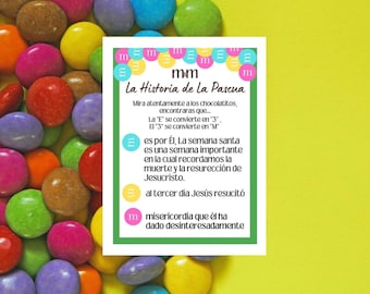Etiqueta de regalo con poema de la historia de Pascua de M&M en español, regalo para folletos de Pascua para primaria, cesta de ministerio cristiano para la escuela dominical de la iglesia de la Resurrección