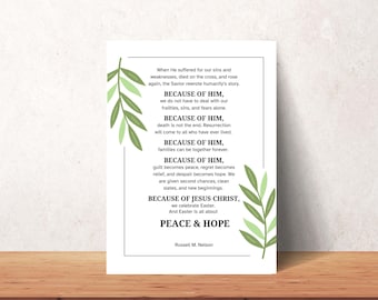 Etichetta e stampa di Pasqua LDS, citazione di Russell M. Nelson Grazie a Lui, dono del ministero LDS, arte pasquale stampabile LDS, citazione di Gesù Cristo