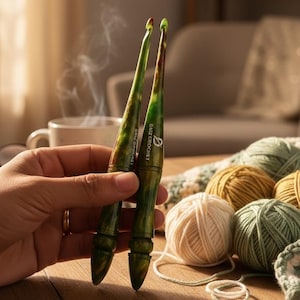 Juego de ganchos de ganchillo de resina hechos a mano: Ganchos de ganchillo ergonómicos con purpurina verde imagen 1
