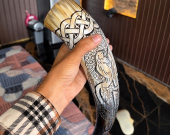 Handmade Viking Ox Horn Mug | Celtic Engraved Mead Tankard (500-600 ml)