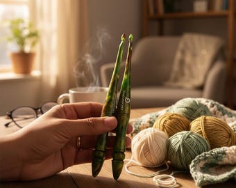 Handcrafted Resin Crochet Hook Set: Green Glitter Ergonomic Crochet Hooks