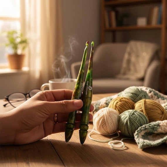 Handcrafted Resin Crochet Hook Set: Green Glitter Ergonomic Crochet Hooks