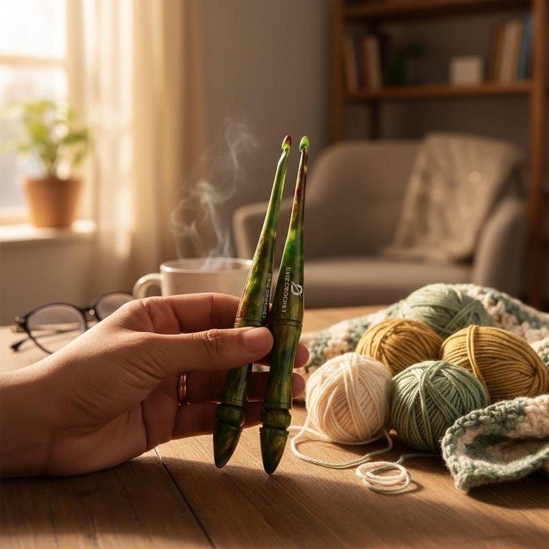 Juego de ganchos de ganchillo de resina hechos a mano: Ganchos de ganchillo ergonómicos con purpurina verde imagen 1