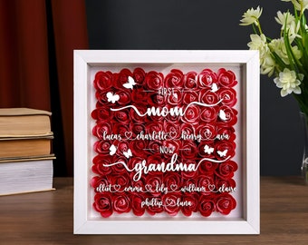 Personalized Flower Heart Shadow Box for Mom, Roses Shadowbox with Names, Custom Frame Gift for Mother's Day, Gift for Mom and Grandma Nana.