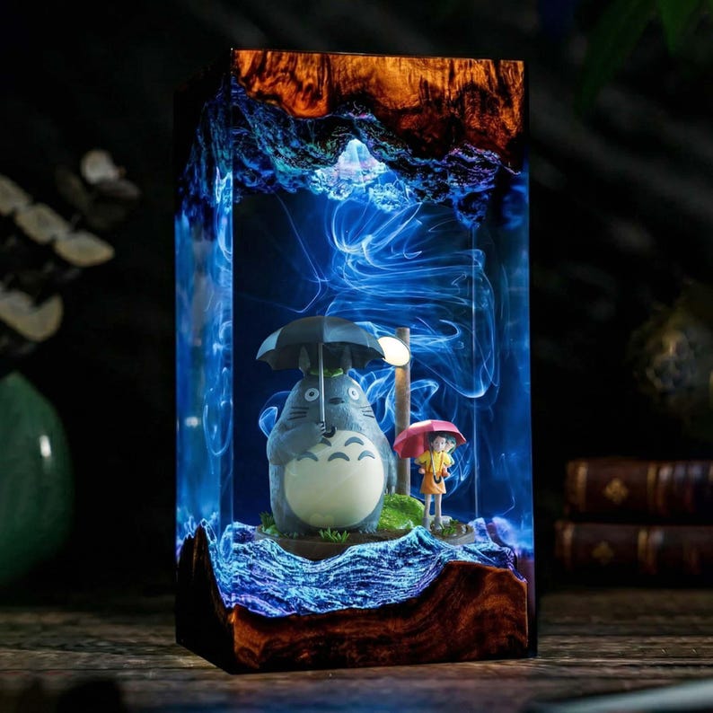PHH231025BP13-V2] My Neighbor Resin Lamp, Ghibli LED Tower Night Light, Forest Tree Diorama with Blue Glow, Cute Anime Room Decor Gift